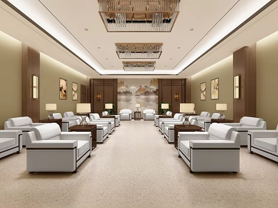 Hotel Public Lounge Interior With White Sofas Wooden Decor Chandeliers And Decorative Paintings 3d model