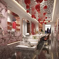 Elegant Modern Bridal Shop Interior With Wedding Dress Displays Marble Decor And Red Floral Decorations