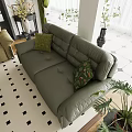 Beige And Green Sofa Set In Elegant Living Room With Arched Window And Herringbone Floor