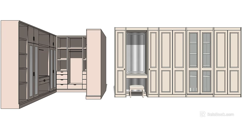 Modern Wardrobe Interior Design With Open Shelves Drawers And Mirror Cabinet Doors 3d model 