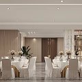 Elegant Modern Banquet Hall With Set Tables White Chair Covers Flower Vases And Wooden Walls