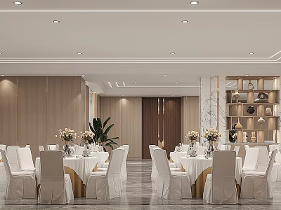 Elegant Modern Banquet Hall With Set Tables White Chair Covers Flower Vases And Wooden Walls 3d model
