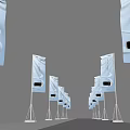 Wayfinding Signage With Blue Banners White Text Black Graphics Arranged As Pathway To Building Entrance