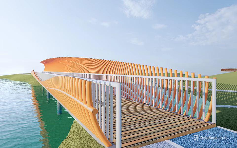 Curved Orange Landscape Bridge With White Railings And Wooden Deck Over Water In Green Surroundings 3d model 