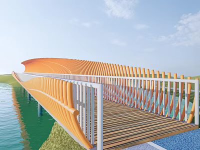 Curved Orange Landscape Bridge With White Railings And Wooden Deck Over Water In Green Surroundings 3d model