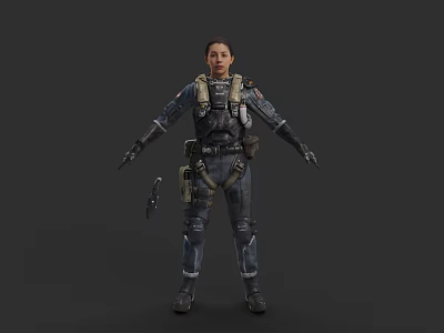 Woman In Tactical Military Gear With Utility Belt And Combat Accessories On Gray Background 3d model