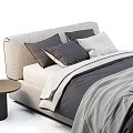 Double Bed with Light Headboard Dark Quilt Gray Blanket Pillows and Small Round Side Table 3d model