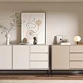 Modern Light Toned Console Table and Sideboard with Vase Plant Painting Lamp and Decorative Items