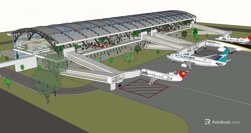 Modern Airport Terminal Design With Jet Bridge And Airplanes On Tarmac 3d model 