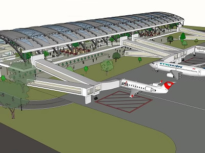 Modern Airport Terminal Design With Jet Bridge And Airplanes On Tarmac 3d model