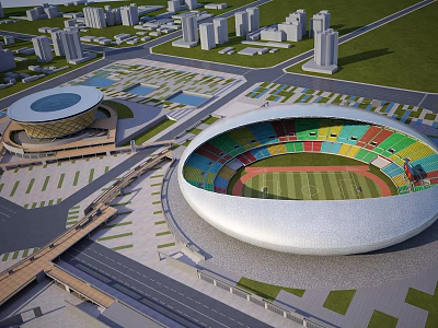 Modern Circular Stadium with Colorful Seats Green Lawn in Urban Area with Buildings and Roads 3d model