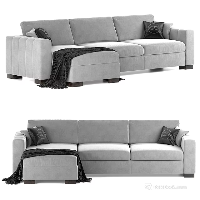 Modern Gray Sectional Sofa With Decorative Pillows And Soft Throw Blanket 3d model