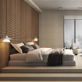 Modern Hotel Room Interior With Wooden Accent Wall Large Bed And Floor To Ceiling Windows