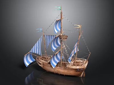 Wooden Model Ship With Blue White Striped Sails Masts And Flags 3d model