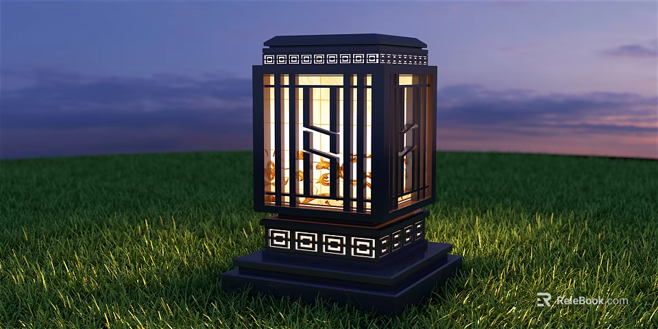 Chinese Style Outdoor Light With Black Frame And Geometric Patterns Illuminated On Grass At Twilight 3d model 