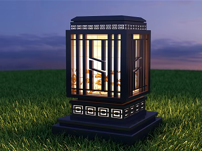 Chinese Style Outdoor Light With Black Frame And Geometric Patterns Illuminated On Grass At Twilight 3d model