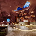 Cave Style Restaurant Interior With Rock Walls Ceiling Windows And Tables Chairs 3d model