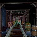 Enchanting Tunnel Landscape With Wooden Framework Luminous Blue Crystals Rail Tracks And Wooden Barrels