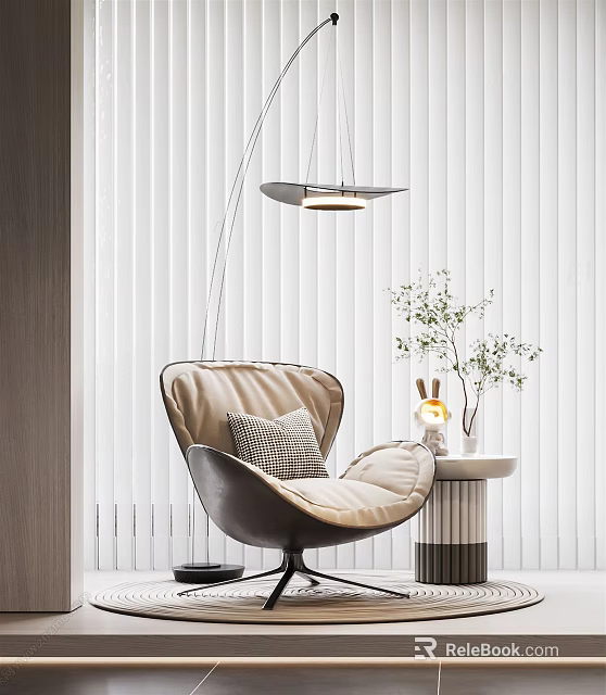 Comfortable Modern Accent Chair With Plaid Cushion Side Table Plants Floor Lamp And Blinds Background 3d model 