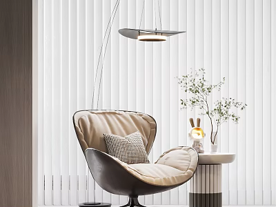 Comfortable Modern Accent Chair With Plaid Cushion Side Table Plants Floor Lamp And Blinds Background 3d model