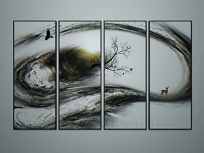 Four Panel Abstract Wall Art With Black Bird Tree Branch Deer And Swirling Patterns 3d model