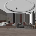Modern Bedroom Interior With Circular Ceiling Gray Sofa Large Windows Wooden Floor And Decorative Plant