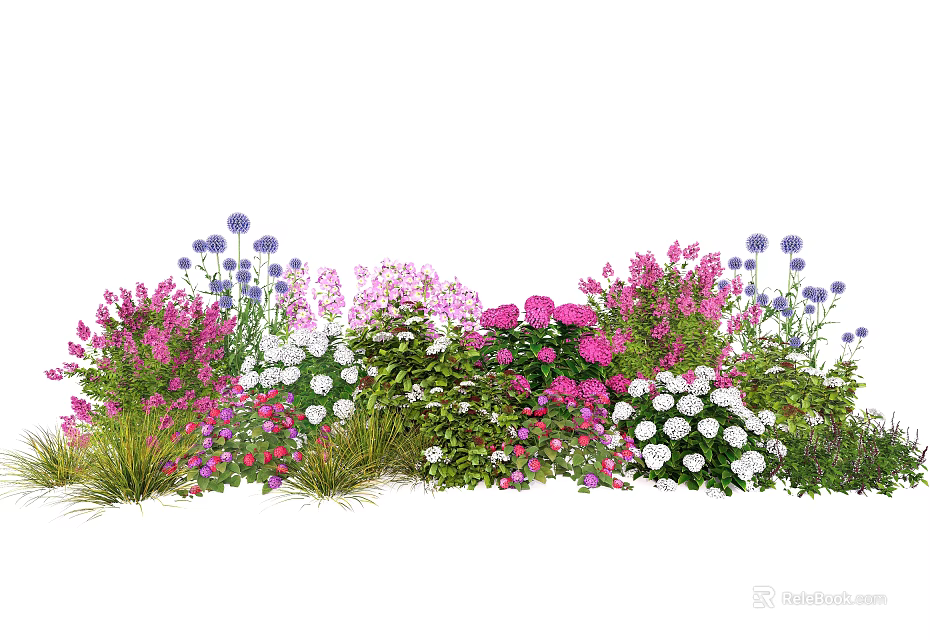 Vibrant Flower Garden With Purple Pink White Blooms And Green Foliage 3d model 
