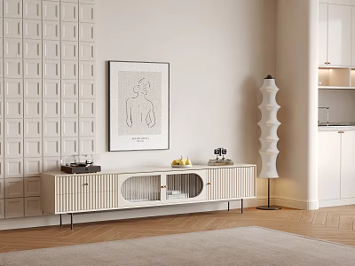 Modern TV Stand With Drawer Open Compartment Decorative Items And Floor Lamp On Textured Wall 3d model