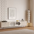 Modern TV Stand With Drawer Open Compartment Decorative Items And Floor Lamp On Textured Wall