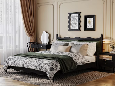 Elegant Vintage Solid Wood Double Bed With Soft Upholstered Headboard For Cozy Bedroom Interior 3d model