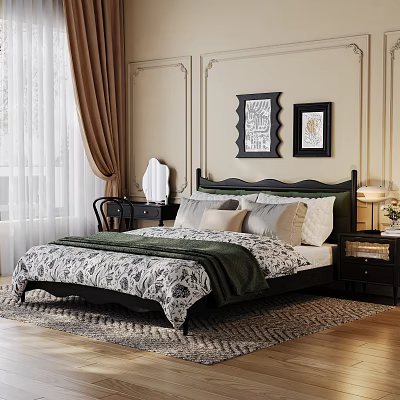 Elegant Vintage Solid Wood Double Bed With Soft Upholstered Headboard For Cozy Bedroom Interior 3d model