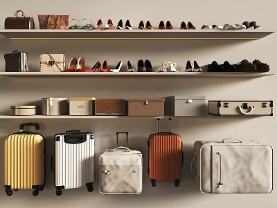 Different Styles Of Suitcases Displayed With Bags And Shoes On Shelves 3d model