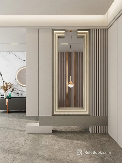 Modern Entryway Hallway Interior With Tall Mirror And Recessed Lighting Fixtures 3d model 