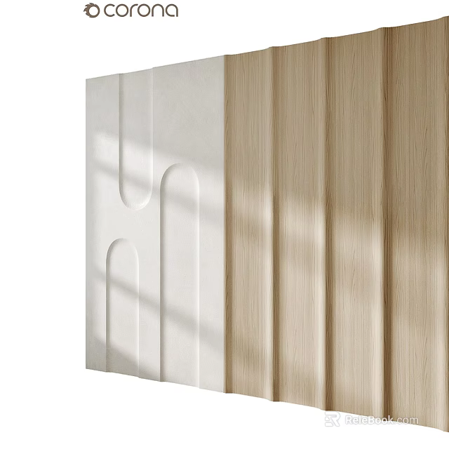 Modern Background Wall Design With White Curved Patterns And Wooden Vertical Panels 3d model 