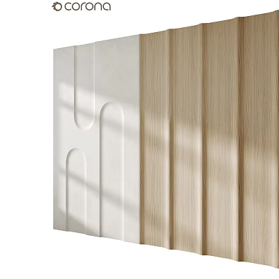 Modern Background Wall Design With White Curved Patterns And Wooden Vertical Panels 3d model