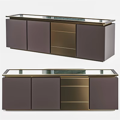 Modern TV Stand With Glass Top Dark Wood Cabinet And Gold Drawers Design 3d model
