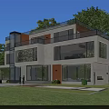 Modern Detached Villa Exterior Design With Large Glass Windows And Lush Greenery