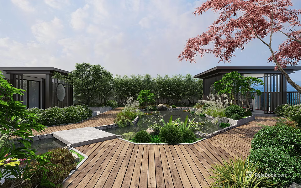 Garden Landscape with Wooden Deck Small Pond Green Plants Red Leaved Tree and Stone Decorations 3d model 