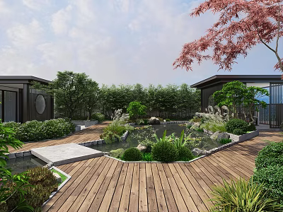 Garden Landscape with Wooden Deck Small Pond Green Plants Red Leaved Tree and Stone Decorations 3d model