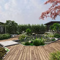 Garden Landscape with Wooden Deck Small Pond Green Plants Red Leaved Tree and Stone Decorations