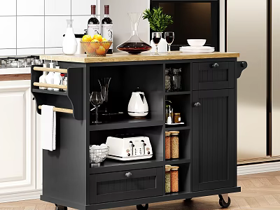 Black Kitchen Cart Cabinets Wooden Top Fruits Wine Bottles Glasses And Storage Shelves 3d model