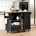 Black Kitchen Cart Cabinets Wooden Top Fruits Wine Bottles Glasses And Storage Shelves