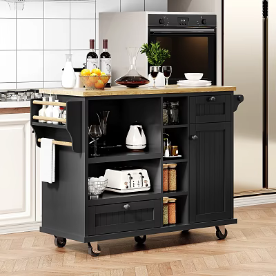 Black Kitchen Cart Cabinets Wooden Top Fruits Wine Bottles Glasses And Storage Shelves 3d model