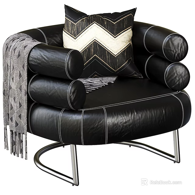 Modern Black Leather Single Sofa With Geometric Pillow Gray Throw Blanket And Metal Base 3d model 
