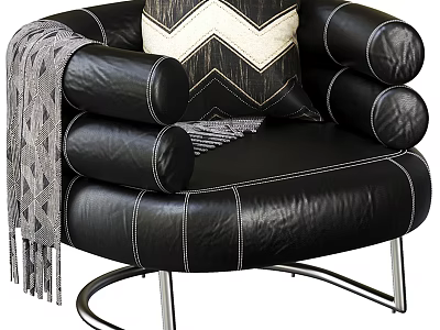 Modern Black Leather Single Sofa With Geometric Pillow Gray Throw Blanket And Metal Base 3d model