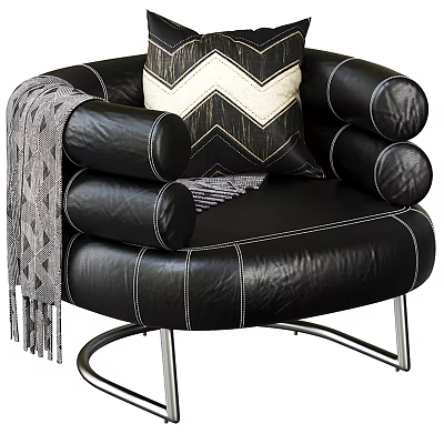 Modern Black Leather Single Sofa With Geometric Pillow Gray Throw Blanket And Metal Base 3d model