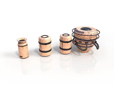 Decorative Wooden Barrel Containers With Metal Bands And Different Sizes 3d model