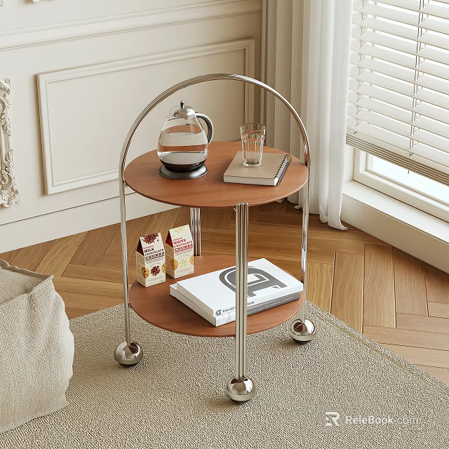 Modern Side Table with Metal Frame and Wooden Shelves Holding Teapot Glass Books and Boxes 3d model 
