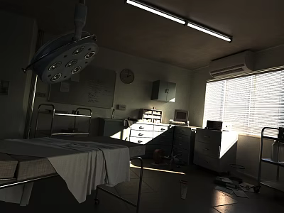 Operating Room Setup With Surgical Lamp Operating Table Medical Instruments Window And Clock 3d model
