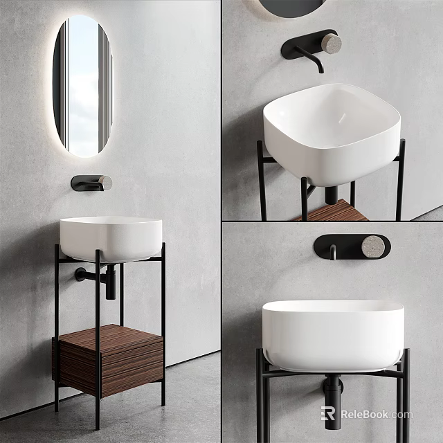 Modern Minimalist Washbasin with White Vessel Black Metal Stand Wooden Base and Round Mirror 3d model 